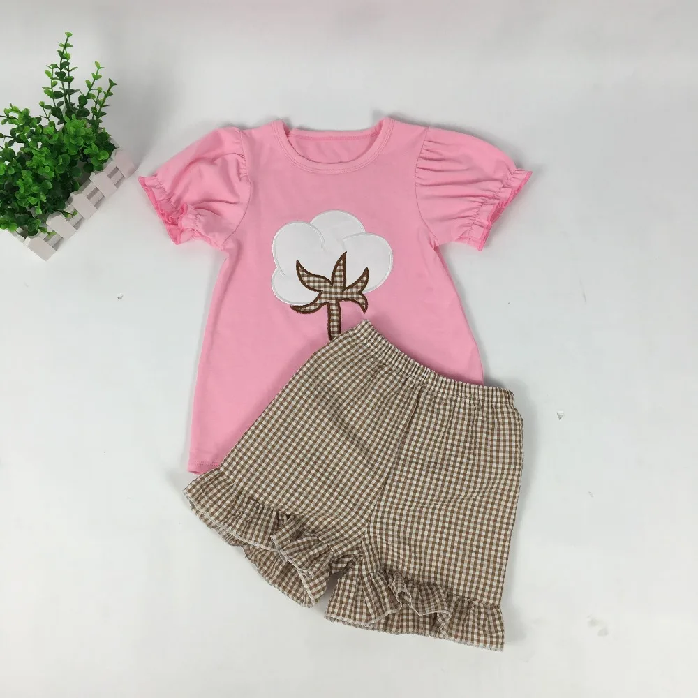 

Puresun Popular Girl Spring Summer Clothing T-shirt Children Boutique With Applique Baby Seersucker Ruffle Shorts Outfit