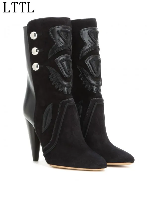 

2018 Suede And Leather Embellished Bottoned Women Ankle Boots High Heels Pointed Toe Black Zip Booties Autumn Winter Shoes Woman