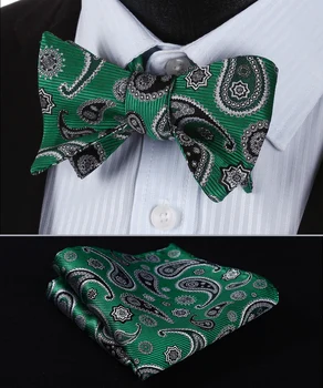 

BP703G Green Black Paisley 100%Silk Jacquard Men Butterfly Self Bow Tie BowTie Pocket Square Handkerchief Hanky Suit Set