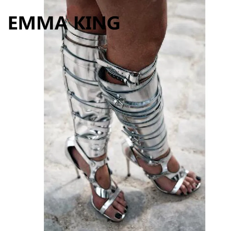 Sirror/пикантные Серебристые сандалии-гладиаторы выше колена с пряжкой; женские летние ботинки; обувь на высоком каблуке с открытым носком и вырезами; женские босоножки