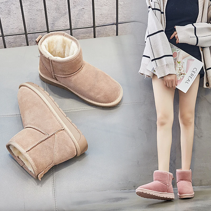 Koop Nieuwe winter vrouwen laarzen lederen snowboots flats australische merk bont warme enkellaars zwart effen vrouwen schoenen