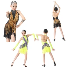 Новые Красивые Блёстки Ленточки черный/блестящий зеленый Обувь для девочек Костюмы для латиноамериканских танцев Танцы платье, salsa/Румба/Samba/Chacha/Костюмы для бальных танцев этап конкурса костюм