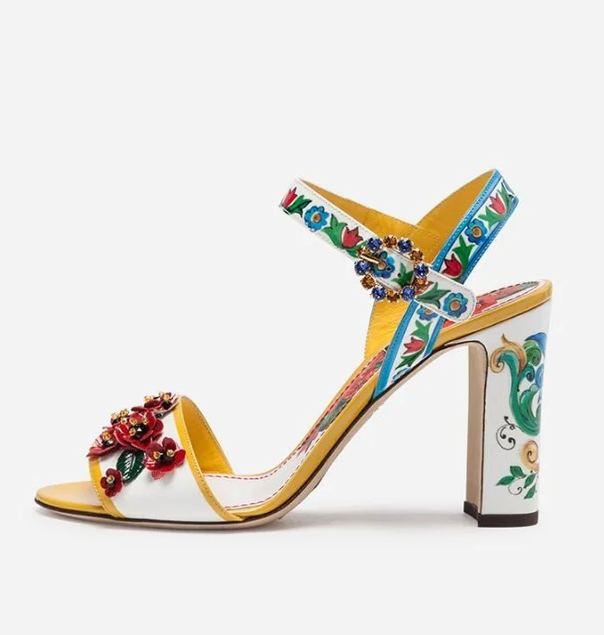 

Newest 2019 Embellished Flower Print Platform Sandals Women Ankle Strap Womens Square Heel Sandals Plus Size 10 Wedding Shoes