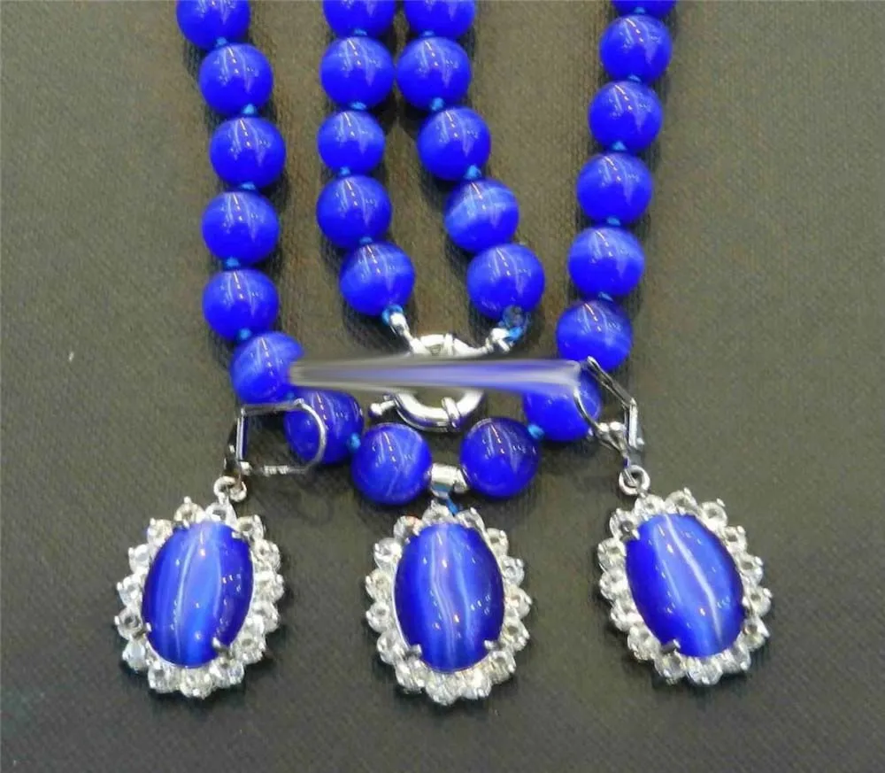 

very good Sapphire Blue Mexican Opal Round Beads Gems Pendant Necklace Earring Set 18" Silver hook Wholesale Natural Free Shippi