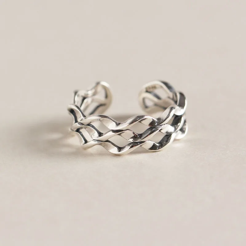 

Retro Style Simple Three-layer Ring 100% Genuine Really 925 Sterling Silver Geometric Wave Shape Open Rings For Women