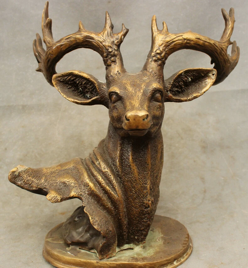 

S5387 13" Folk Chinese Bronze Decoration Animals Wealth Deer Head Bust Statue Set D0318