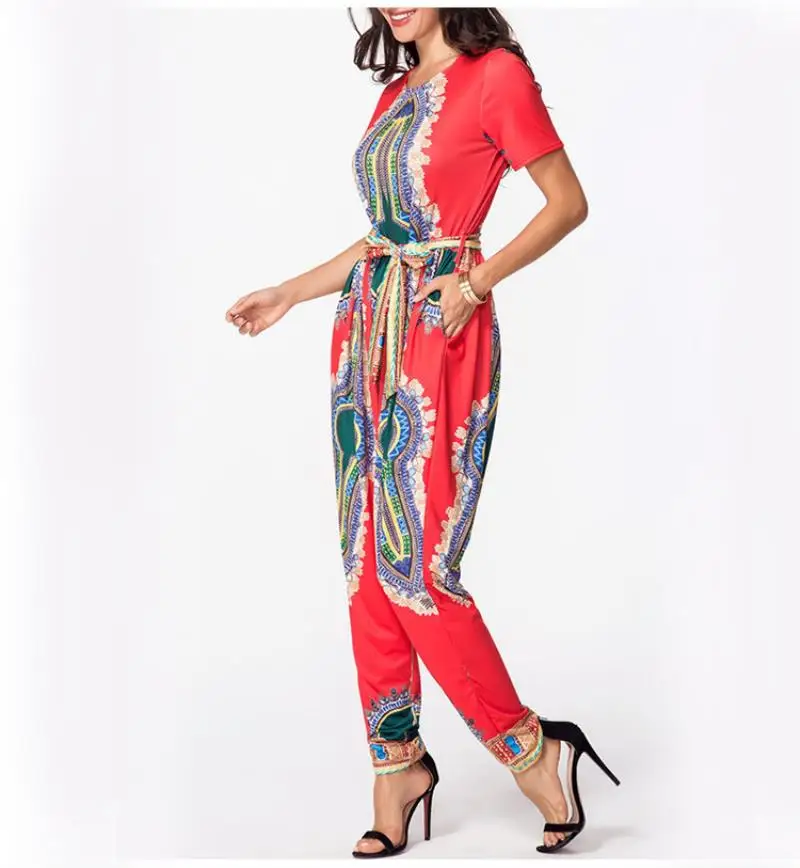 Waistbanded Slim Fitted Bodysuit 2018 autumn women's digital printing jumpsuit waist straps jumpsuit long Bohe onesies Fashion