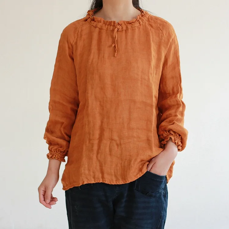 Johnature Spring Solid Color Ruffles Round Neck Lace-Up Shirts 2018 Women New Full Sleeve Vintage Pullover Linen T-Shirts Johnature Spring Solid Color Ruffles Round Neck Lace-Up Shirts 2018 Women New Full Sleeve Vintage Pullover Linen T-Shirts