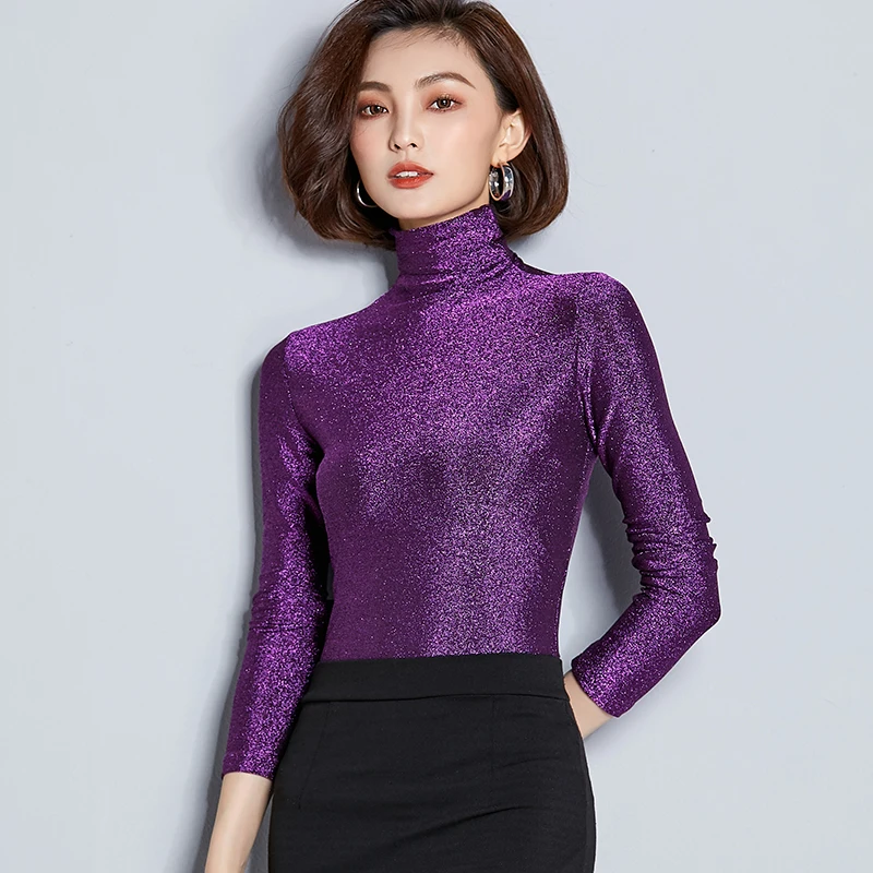 

Vintage bright silk shirt long sleeve Turtleneck shirt women elastic slim tops autumn winter skinny blouse fashion tight tees