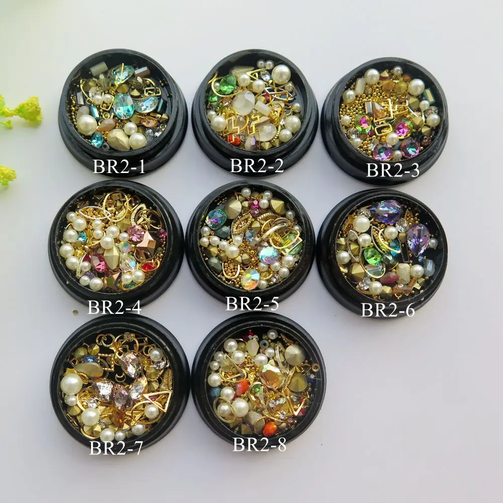 

1Jar Cute Hight Quality Mix-Designs Different Decos Mixed Pearls Studs Rhinestone Nail Decoration BR2