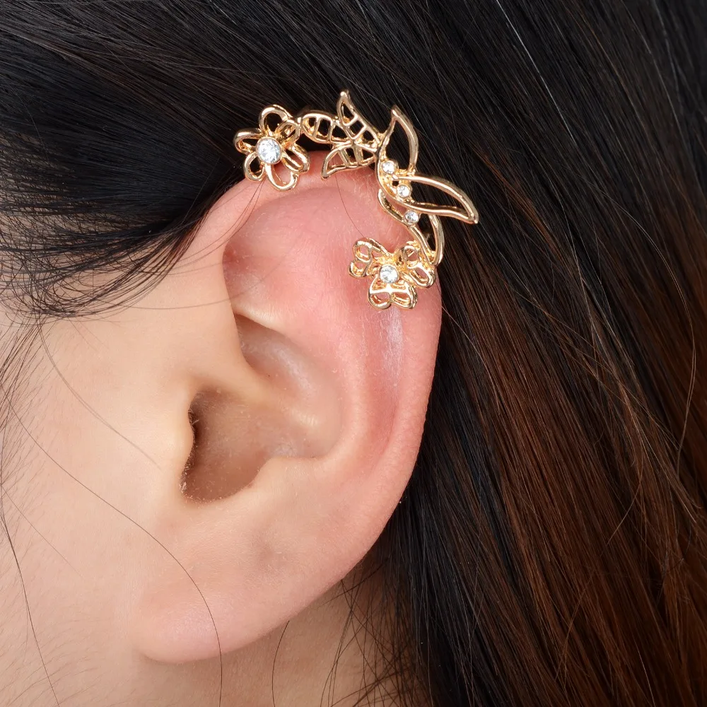 1pc Fashion Hollow Flower Leaves Crystal Spiral Ear Cuff Earring Wrap Clip On Earrings For Women