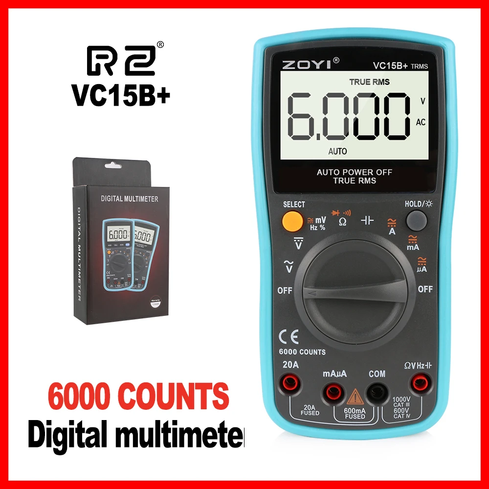 

High Quality Digital Multimeter Auto Range AC/DC Voltage Current Meter Blacklight 6000 Counts True-RMS Multimeter VC15B+