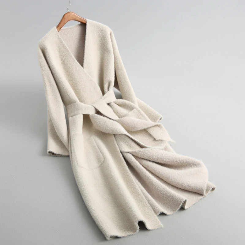 Зимнее женское пальто, длинное шерстяное кашемировое пальто с поясом, на шнуровке, v-образный воротник, вязаный кашемировый Тренч, пальто, теплая верхняя одежда, осенняя повседневная одежда - Цвет: beige