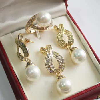 

Prett Lovely Women's Wedding >1 Set AAA 12mm White Shell Pearl Pendant Necklace Earrings Ring Set 02