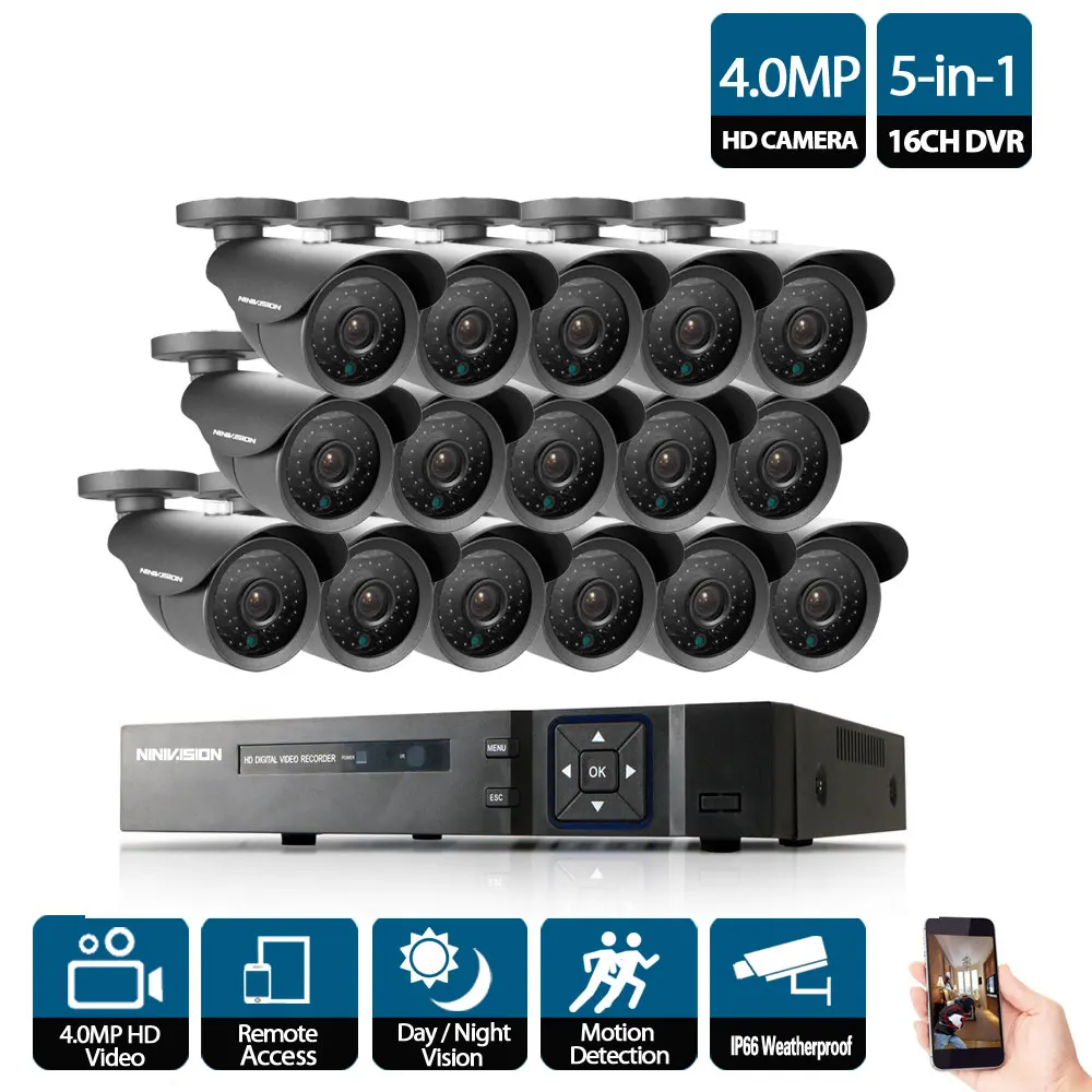 16CH AHD CCTV NVR 5mp 4mp 3g DVR Kit CCTV видеонаблюдение Системы 16X4,0 Мп для дома и улицы безопасности Камера комплект 16-канальный видеорегистратор наборы - Цвет: Черный