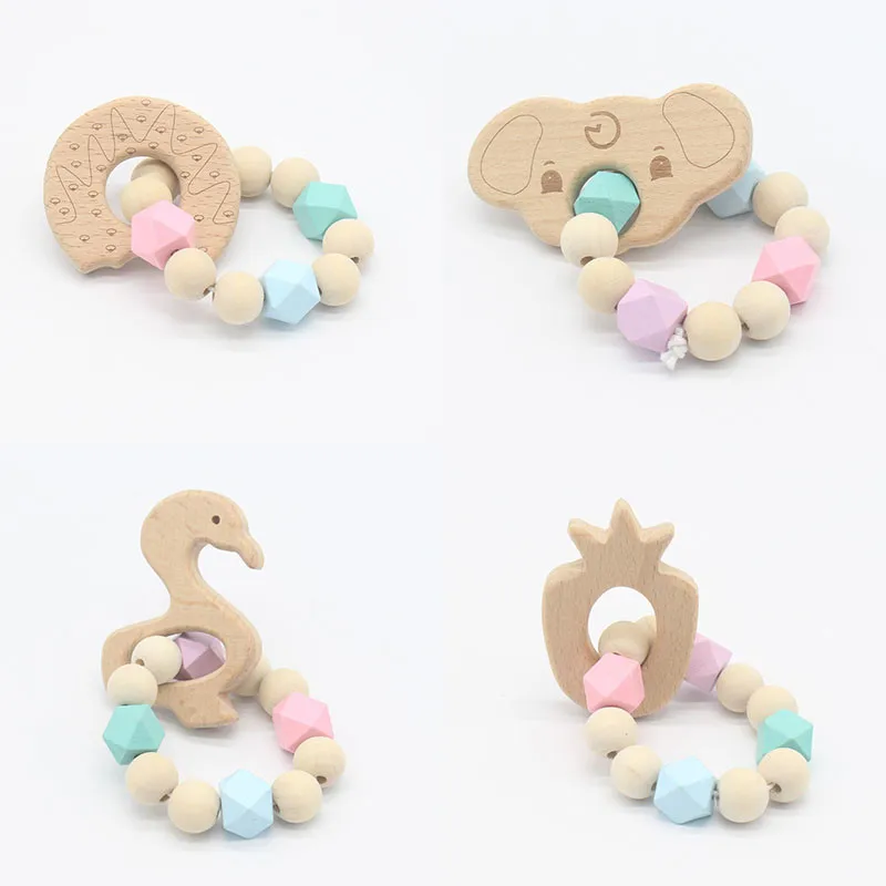 Baby Teething Bracelets Teether Wooden Silicone Chew Beads Teething Rattles Toy