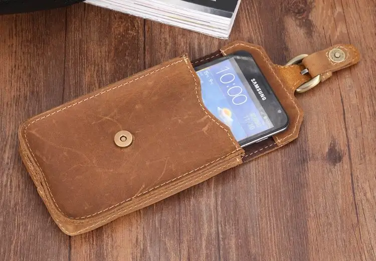 High Quality Crazy Horse leather Waist pack Phone Bag Belt Pouch Holster Cover Genuine leather hand made hasp phone bags