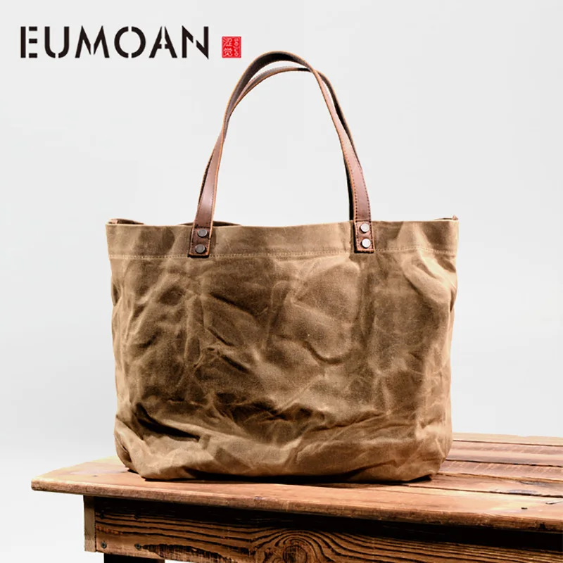 

EUMOAN Waterproof oil wax Canvas woman bag, simple handbag, horizontal retro shoulder bag, male large capacity fold handbag