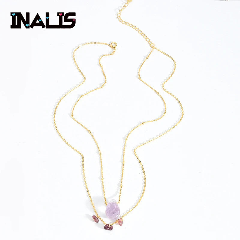 

INALIS New Statement Double Chain Charming Necklace S925 Sterling Silver Gold Color with Purple Green Natural Stones Pendant