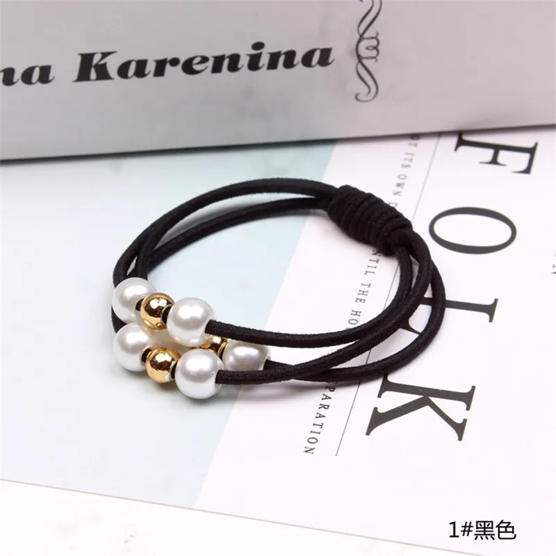 New hot Korean version of spring hair accessories fashion bee pearl hair rope Korean color three ring head rope