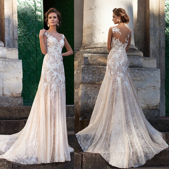 Luxury Champagne Mermaid Lace Wedding Dresses Tulle Illusion Neck Luxury Champagne Mermaid Lace Wedding Dresses Tulle Illusion Neck Sheer Back African Gowns Vestido De