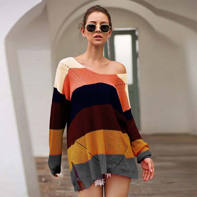 

Women Sweater Multicolor Colorful Stripes Dropped Shoulder Splits Hollow Out Long Sleeve Cool Loose Pullover Pulover Feminino