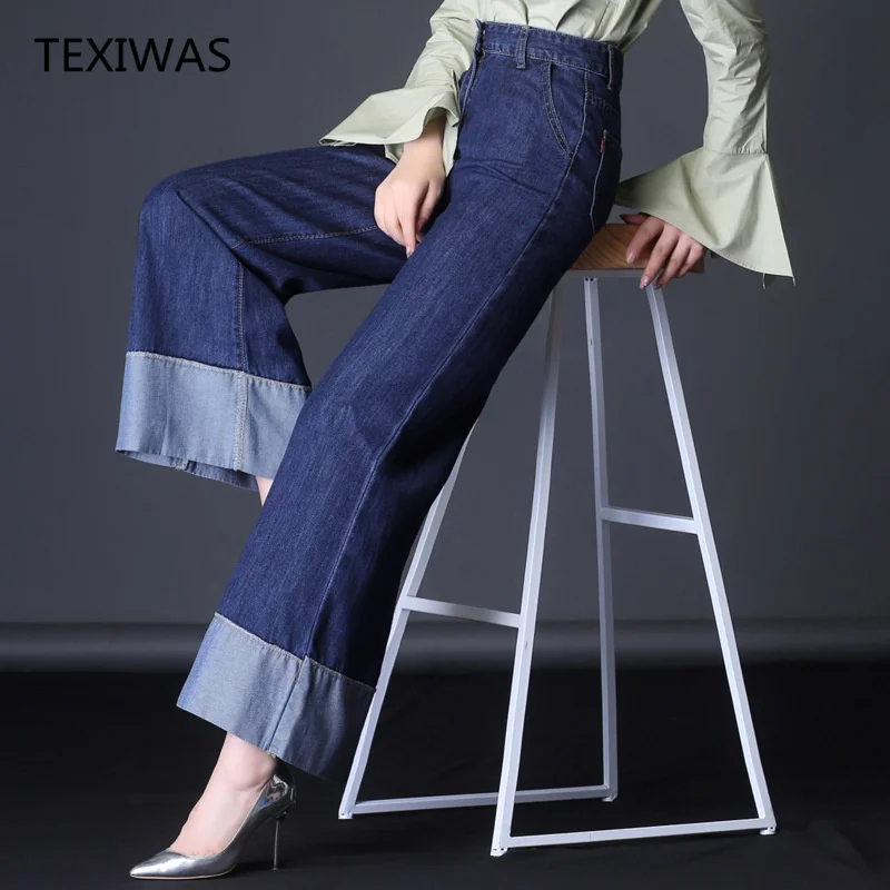 

TEXIWAS Elegant Jeans Capris patchwork Denim Pants Zipper Trousers Women Pockets Denim Palazzo pants Plus Size Wide Leg pants