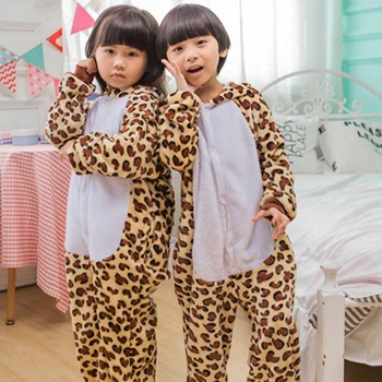 Onesie/Детские пижамы кигуруми; Детские фланелевые пижамы с капюшоном в виде панды и единорога для мальчиков и девочек; вечерние пижамы для костюмированной вечеринки - Цвет: Leopard