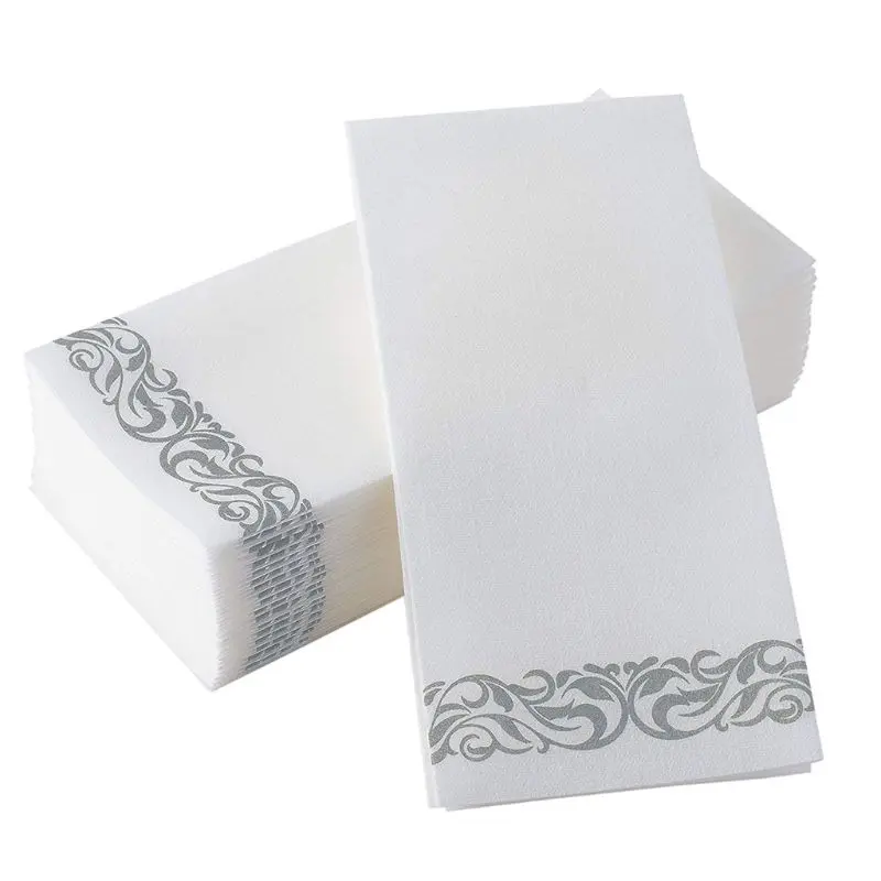 

Disposable Linen-Feel Guest Towels - Decorative White Hand Towels, Silver Floral Cloth-Like Paper Napkins