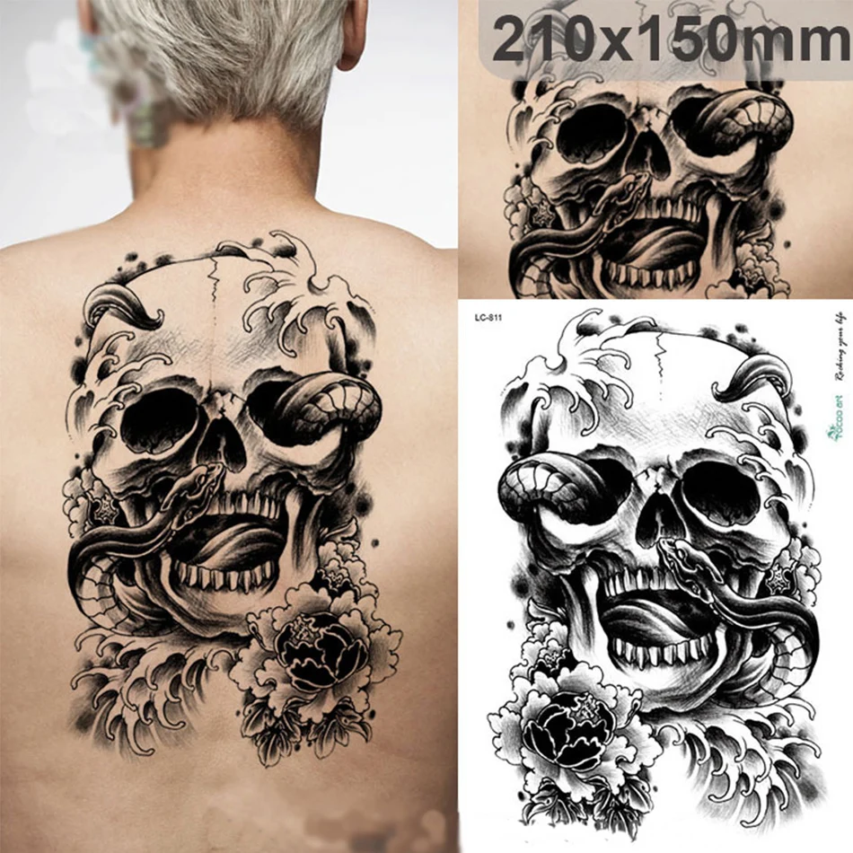 Ngeri 3D Hitam Stiker Tato Tengkorak Hantu Besar Unisex Tahan Air Seni Tubuh Lengan Untuk Pria Wanita Untuk Halloween Hari 5 Pcs Lot Di Sementara Tato