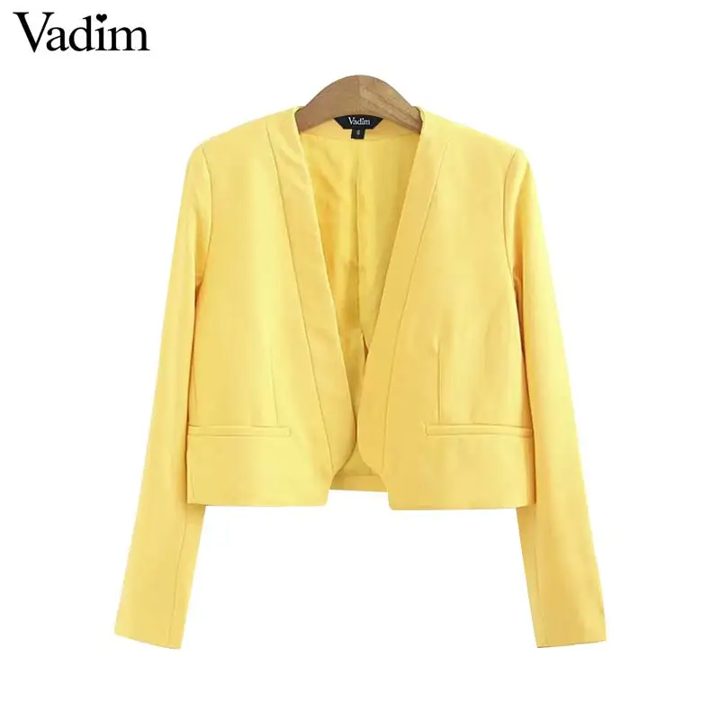Vadim Женская офисная одежда с v-образным вырезом, блейзер с карманами, украшенный длинным рукавом, женские повседневные пальто, короткая стильная верхняя одежда, одноцветные Топы CA373