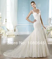 Elegant Ivory Full Lace Cap Sleeve Mermaid Court Train Bridal Wedding Dresses Gown 260