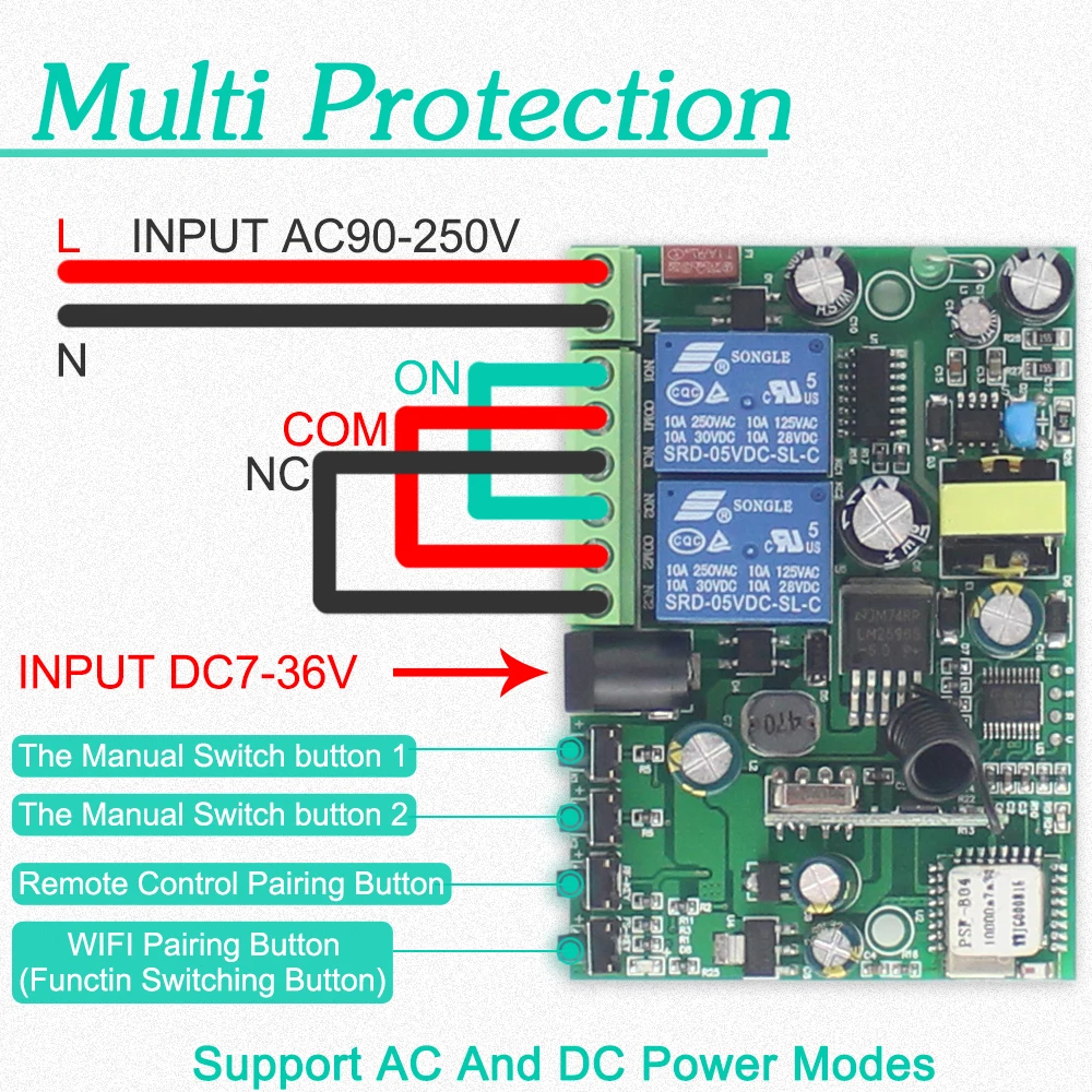 2 банды Wifi переключатель 7-36V 90 V-250 V 433 MHz 10A реле DIY умный дом модули беспроводной приемник работает с Alexa