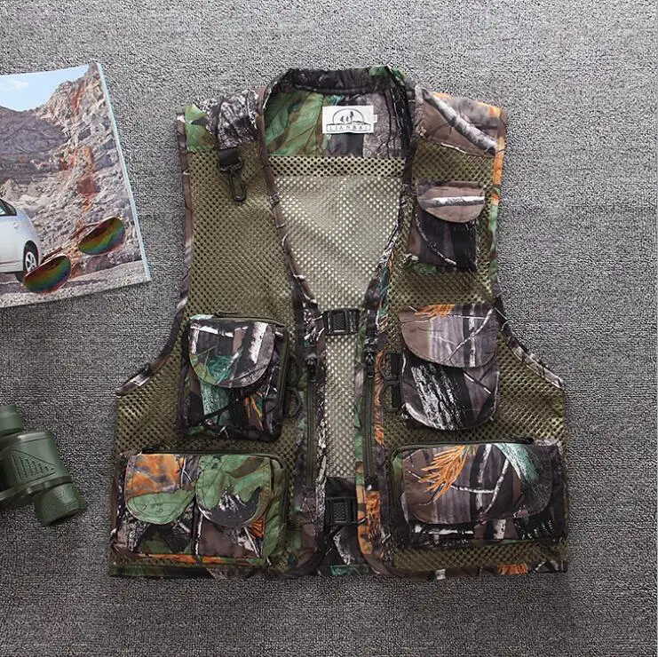 Мужской спортивный жилет для рыбалки на открытом воздухе, куртка для рыбалки с несколькими карманами на молнии, свободная сетчатая одежда, chaleco de pesca - Цвет: Camouflage leaves