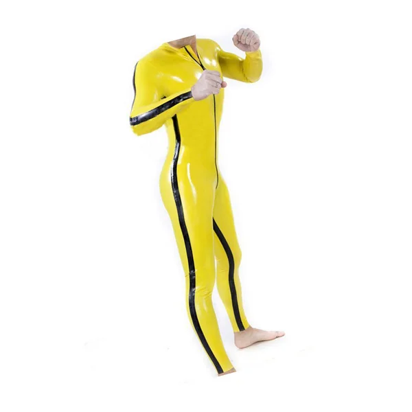 0.4MM Thickness Yellow Rubber Latex Men's Catsuit With Side Line Front
