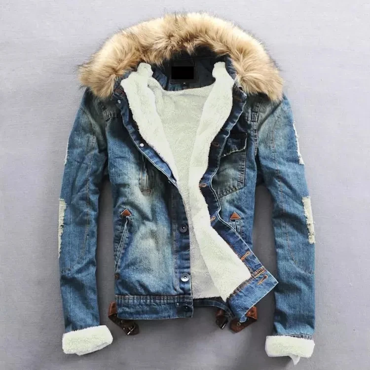 Мужская куртка и пальто, трендовая Теплая Флисовая джинсовая куртка, зимняя модная мужская джинсовая куртка s, верхняя одежда, мужская ковбойская куртка размера плюс S-4XL - Цвет: Синий