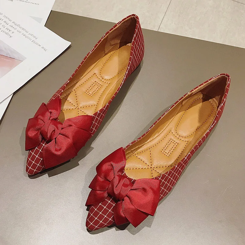 

2019 Newest Autumn Women Shoes Flats Fashion Plaid Bowtie Women's Flats Soft Ladies Single Shoes Footwear Females Black Red 40