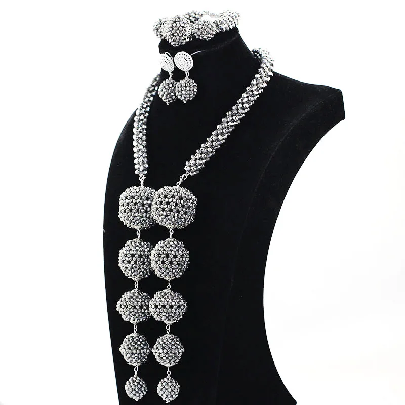 Fabulous Silver Wedding African Beads Jewelry Set Crystal Pendant Nigerian Indian Bridal Women Jewelry Set Free Shipping WE113