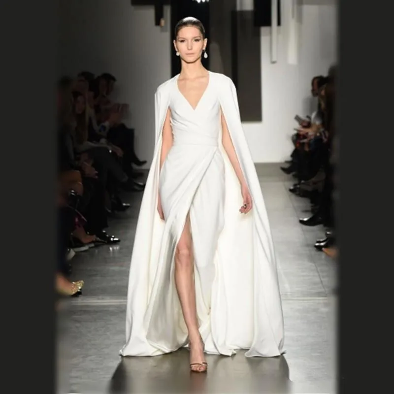 

Fashion Split Side Prom Gown V-neck Long Train Cape Style Plus Size Formal Evening Dress
