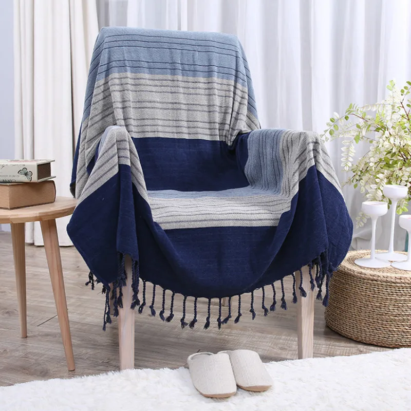 Winter Chenille Blankets for Adults Tassel Striped Printing Sofa Bed