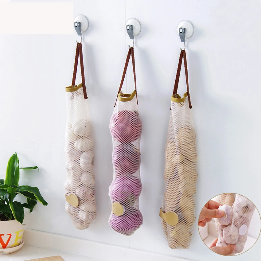 

Mesh Grocery Bag Drawstring Wall Hanging Bag Kitchen Ginger Garlic Storage Bag Reusable Disposable Bag Organizer