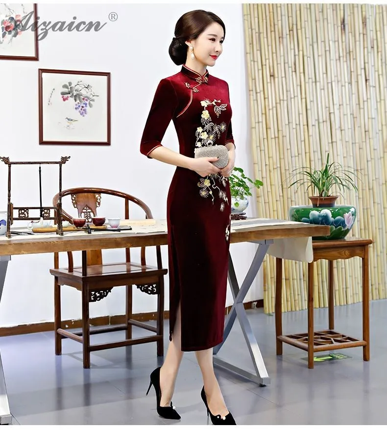 Зимние длинные платья для вечеринок мама вышивка Cheongsam черный бархат традиционные для женщин китайское платье Qipao восточные Свадебные