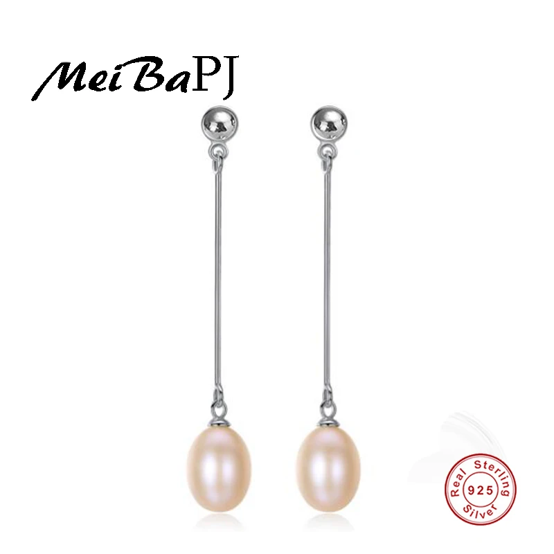 

[MeiBaPJ] 925 Solid Silver L Earrings Natural Freshwater Pearl Stud Earring For Women Fine Jewelry With Gift Box