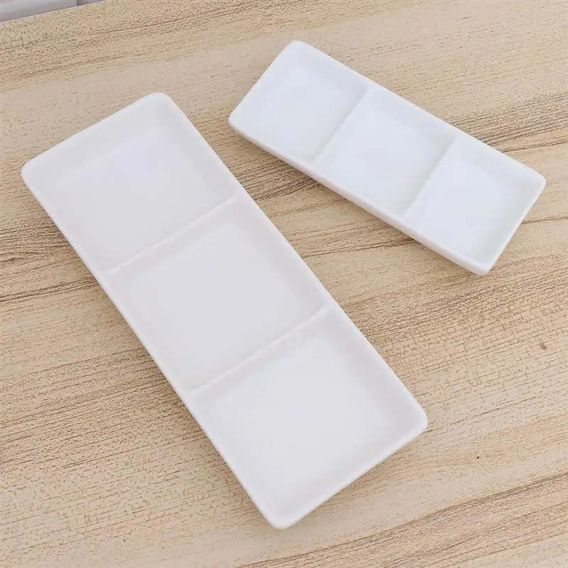 6 / 8.5 Inch Pure White Ceramic 3-Compartment Appetizer Serving Tray Rectangular Divided Sauce Dishes for Spice Dish Soy Sauce