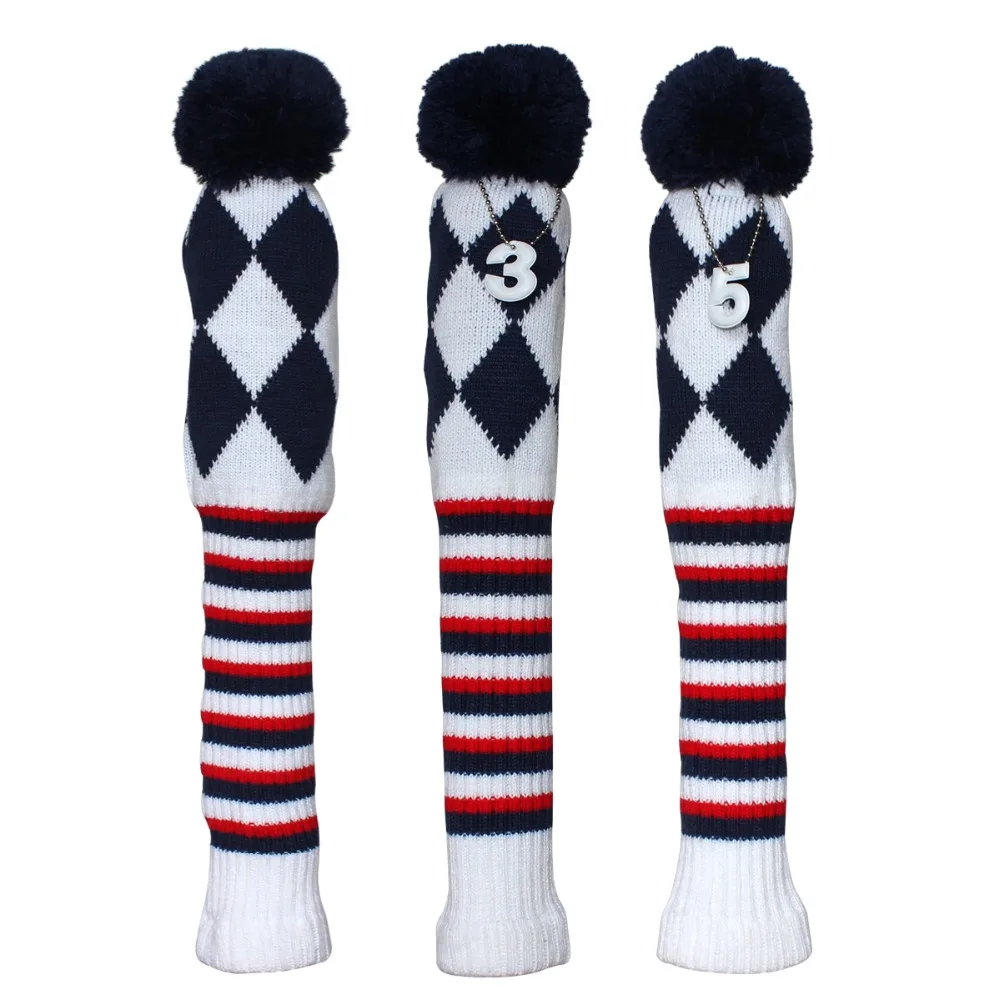 Free Shipping Tri Pack White&Blue Golf Club Pompom Golf Headcovers