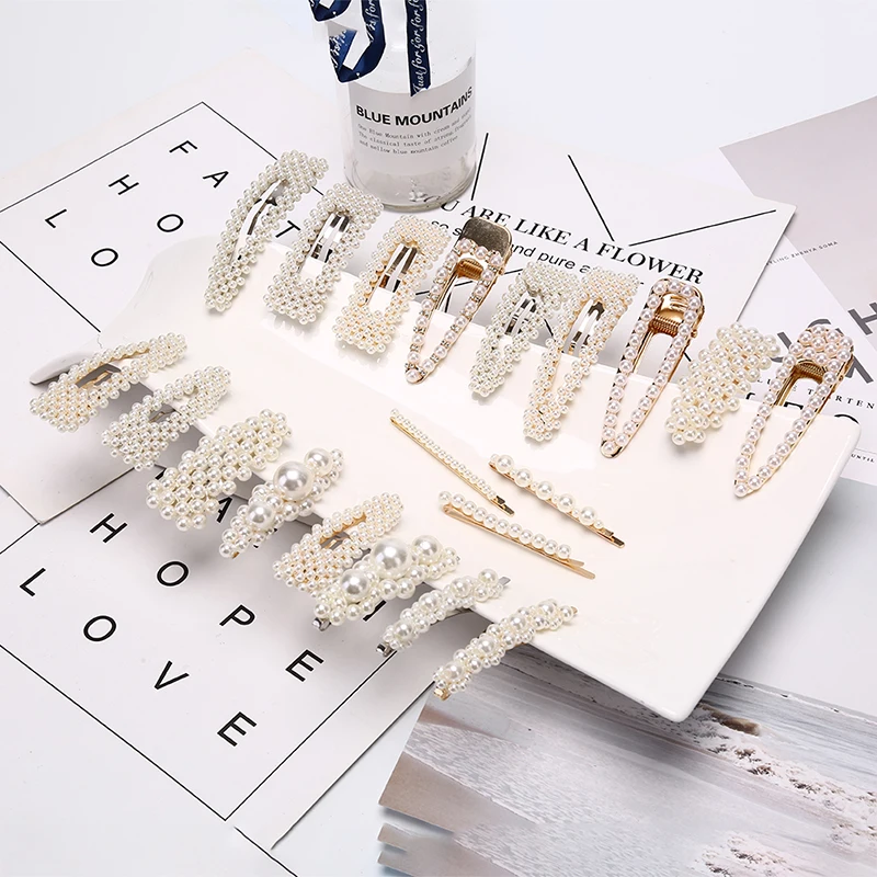 Pearl Hair Clip Women Elegant Korean Snap Barrette Stick Gold Silver Alloy Hair Clip Water Drop Wedding Accessories 18 Styles