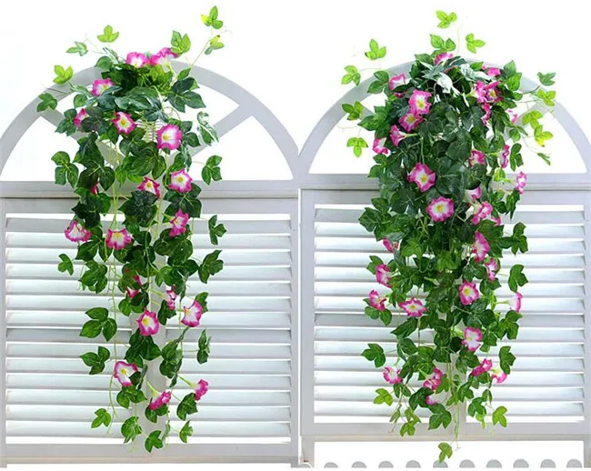 2 wall hanging morning glory Flower vines +one vase Artificial Rose