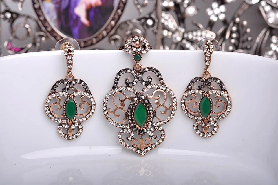 Blucome классический цветок зеленый ожерелье кулон серьги ювелирный набор Смола Кристалл турецкий Bijoux для женщин Свадебная вечеринка Bijuterias