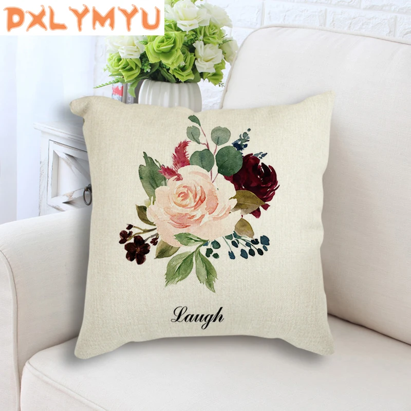 

Cotton Linen Square 18" Pillowcase Flower Cushion Cover Rose Decorative Cushion Sofa Throw Pillow Case Home Decor
