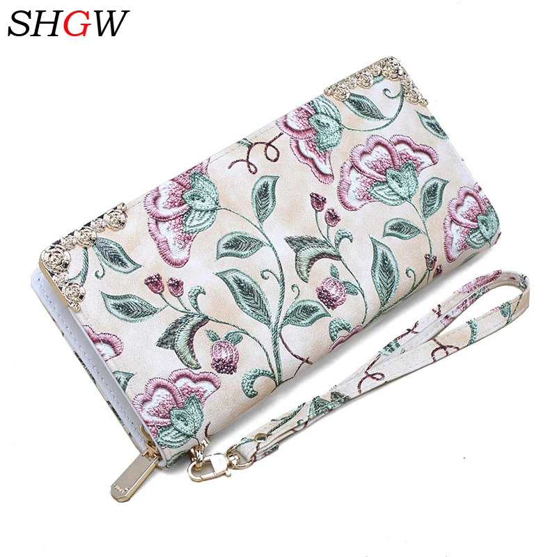 

2018 SHGW Embroidery Women Wallets Long Moneybag Fashion PU Leather Ladies Purse Women Clutch Bags Female Wallets 4 Colors